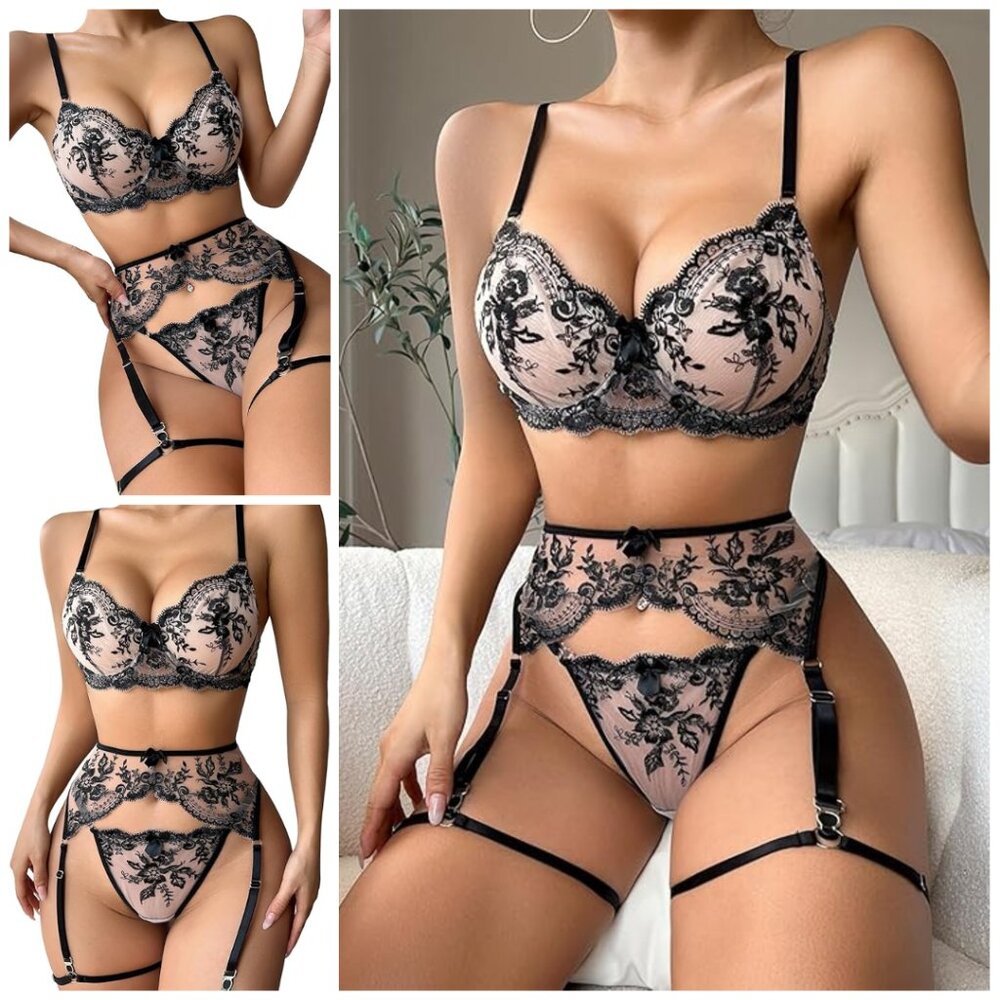 3PC Sexy Floral Embroidery Mesh Sheer Underwire Push Up Garter Belt Lingerie Set